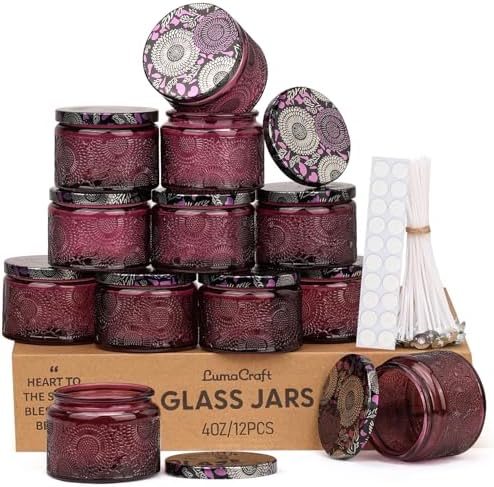 LumaCraft Luxury Embossed Glass Candle Jars for Making Candles - 12 Pack Empty Candle Containers with Airtight Metal Lids, 20 Wicks & 20 Stickers, Colored Glass Jars for Gifts & Decor-4oz by Unknown