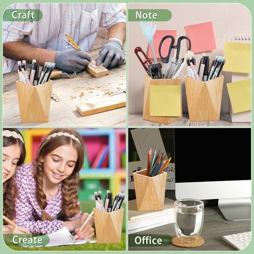 Henoyso 2 Pcs Bamboo Wood Pen Pencil Holder Geometric Pencil Cup Stand Makeup Organizer for Pen Holder Desk Home Office Adults(Bamboo) - Image 5