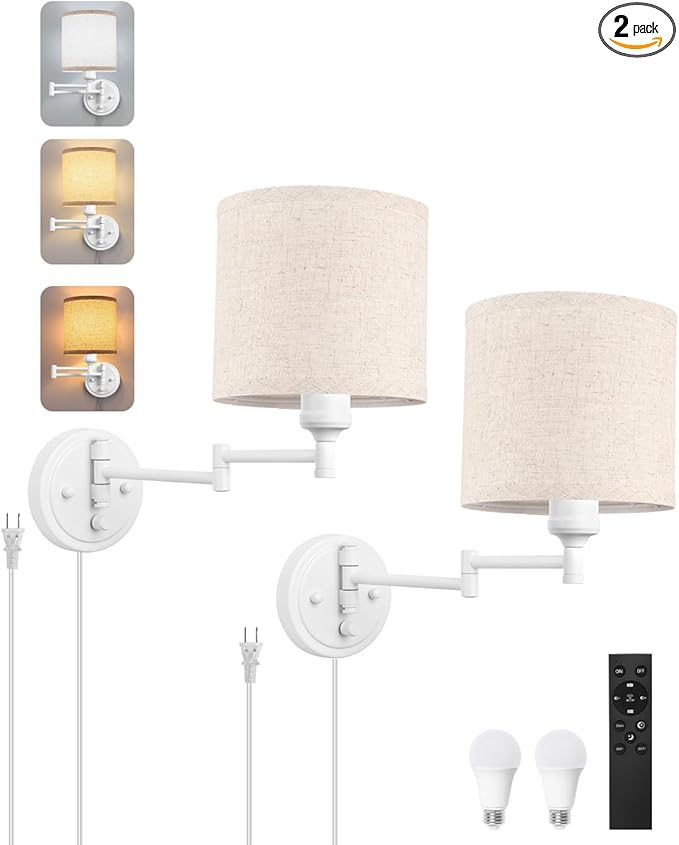 Plug in Wall Sconces with Remote Control, Dimming, Adjustable Colors 2700K-6500K, Hardwire or Plug-in, Swing Arm Wall Lamp with Linen Fabric Shade, Wall Sconces Set of Two, White Finish