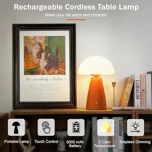 Mushroom Lamp Glass Rechargeable Battery Operated Mushroom Table Lamp Orange LED Vintage Modern Cordless Small Lamp Retro Dimmable Bedroom Nightstand Bedside Decor Aesthetic Home Birthday Gift - Image 4