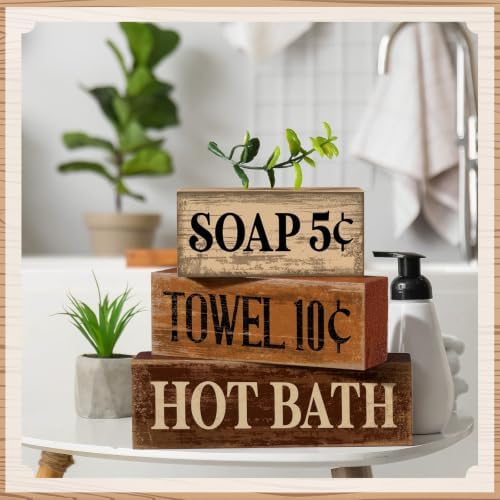 Moucuny 4 Pcs Rustic Bathroom Shelf Decor Wooden Block Signs, Farmhouse - Image 3
