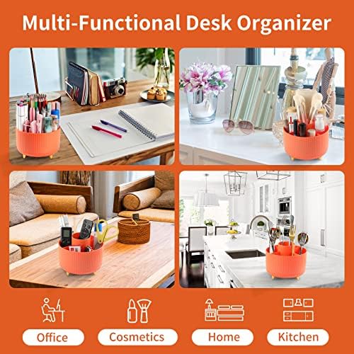 Desk Pencil Pen Holder, 5 Slots 360°Degree Rotating Pen Organizers for Desk, Desktop Storage Stationery Supplies Organizer, Cute Pencil Cup Pot for Office, School, Home, Art Supply, Orange - Image 5