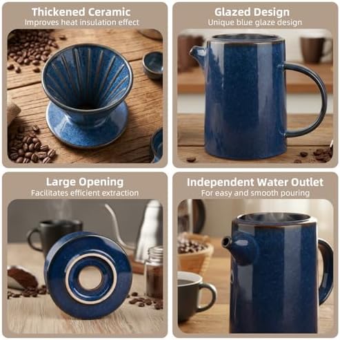Pour Over Coffee Maker, Ceramic Pour Over Coffee Dripper Set With 20 Paper Filters, 16.5oz/500ml (Royal Blue, V02) - Image 6