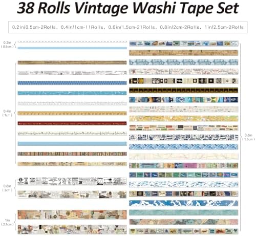 38 Rolls Vintage Washi Tape Set, Vintage Travel Stamp Map Scenery Art Letter Writable Decorative Tapes for Scrapbooking , Junk Journal Supplies, Bullet Journaling 5-25mm Wide 9.84ft long/Roll - Image 3