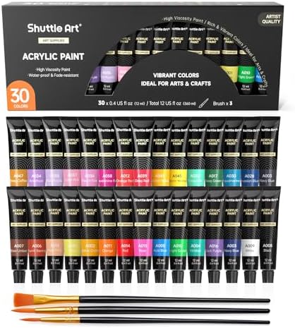 Shuttle Art Acrylic Paint Set, 30 x12ml Tubes Artist Quality Non Toxic Rich Pigments Colors Great for Kids Adults Professional Painting on Rocks Canvas Wood Clay Fabric Ceramic Crafts by ShuttleArt