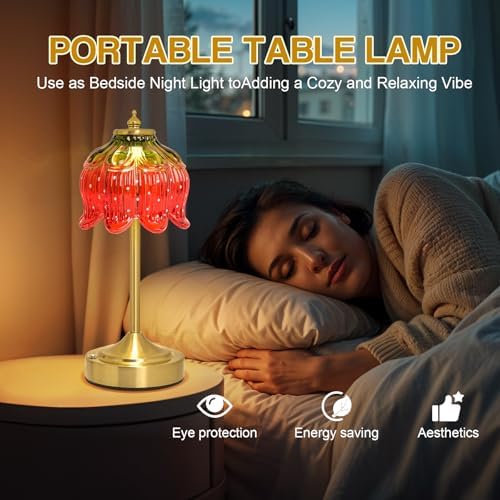 Cordless Table Lamp, Rechargeable Red Glass Flower Lamp - Image 6