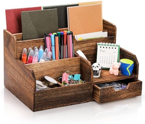 Pumtus Brown Wooden Desk Organizer, Mail Organizer with 7 Compartments and Drawer, Rustic Mail Sorter with Pen Holder, Tabletop Mail Basket, Office Accessories Holder for File Letter Document by Pumtus