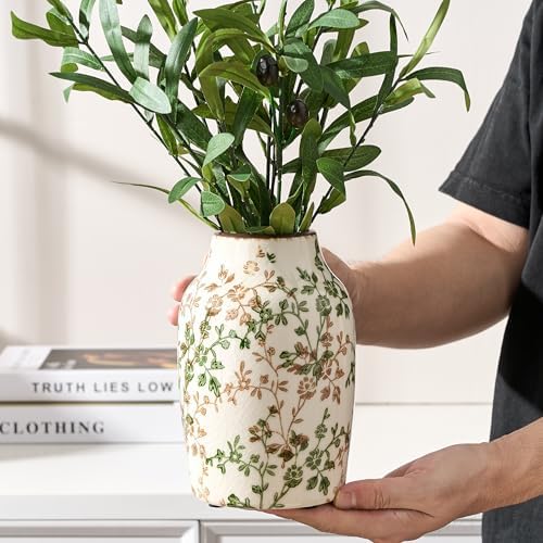 SIDUCAL Ceramic Green and Beige Antique Vase, 7 Inch Retro Ice Cracked Chinoiserie Floral Vase, Rustic Farmhouse Vases for Home Decor, Bookshelf, Office, Garden, Chinoiserie Decor, Tuscan Decor - Image 4