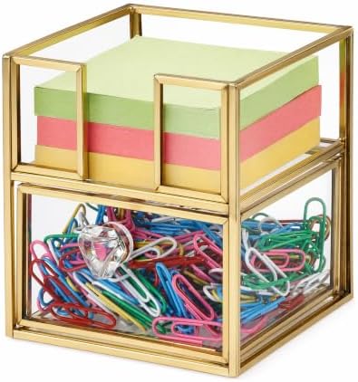 BTSKY Golden Glass 3x3 Inch Sticky Note Holder with Drawer, Elegant Post It Note Dispenser with Non-Slip Pads Clear Notepad Holder for Desk Organization Planning, Home Office Decor by BTSKY