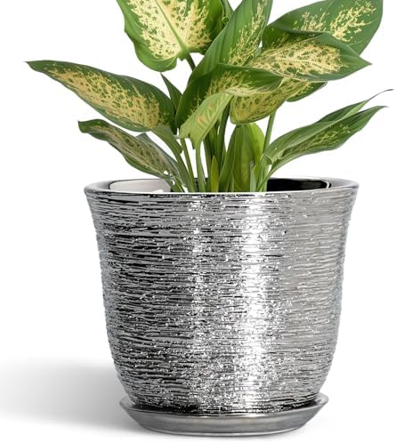 5.6 Inch Plant Pot, Ceramic Pots for Plants Indoor, Silver by SUNPOTFOR