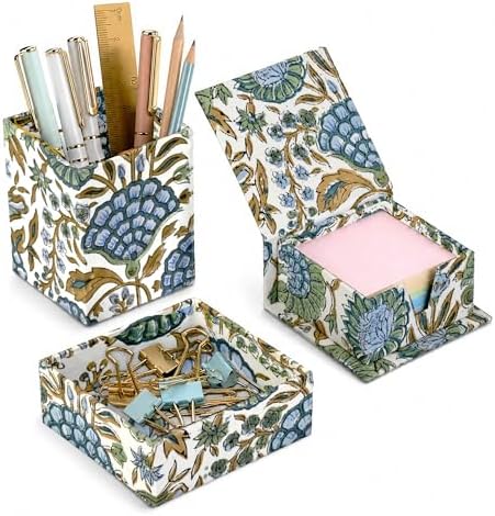 Ridhi Asparagus Green Block Print Office Desk Organizer Pen & Note Holder by Ridhi