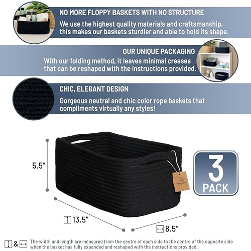 NaturalCozy 13.5”x8.5”x5.5” Rectangle Storage Baskets for Shelves 3 Pack | Cotton Rope Woven Small Baskets for Organizing | Small Storage Bins for Nursery, Bathroom, Closet, Shelf, Decorative - Image 2