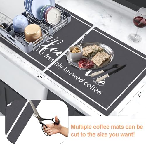 Findosom Dish Drying Mat, 17"x 32" Super Absorbent & Hide Stain Coffee Mat, Cuttable Drying Mat for Kitchen Counter, Coffee Bar Accessories, Under Dish Rack, Coffee Maker, Espresso Machine, DarkGrey - Image 2