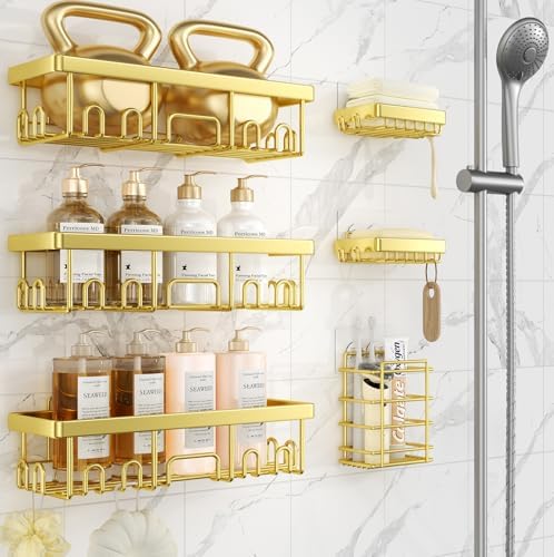 Veken Adhesive Shower Caddy 6-Pack,Gifts for Women Mom,Heavy Weight Bearing,Large Wall Mounted Bathroom Shelves Rack,Organizer Storage Accessories with Soap Dish&Toothbrush Holder,Bright Gold by Veken