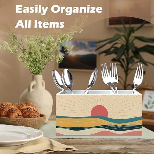 DILSJ Boho Abstract Sunshine Pen Pencil Holder Organizer for Desk, Boho Office Decor, Mid Century Modern Minimalist Sunshine Landscape Wooden Box Signs for Home Office Desk Tabletop Decoration - Image 3