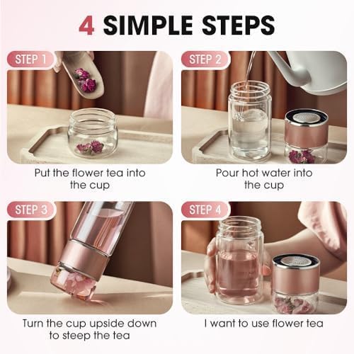 12oz/350ml Double Wall Glass Tea Infuser Bottle, Leakproof Travel Mug with 304 Stainless Steel Filter, Hot & Cold Drinks Tumbler for Loose Leaf Tea, Fruit Water, Home Office Travel (Rose Gold) - Image 4