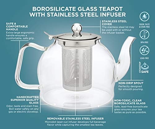 Teabloom Dublin Glass Teapot – Premium Borosilicate Glass with Removable Stainless Infuser – Stovetop Safe – Ideal for Loose Leaf Tea – Tea for Two – 27 oz. / 800 ml (2-3 Cups) - Image 4