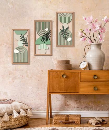 Putuo Decor Boho Wall Art Set of 3, Green Botanical Wooden Wall Decor, Abstract Aesthetic Room Decorations, Mid-Century Modern Artwork for Living Room, Bedroom, Office Green 16.5 x 8.6 inch - Image 6