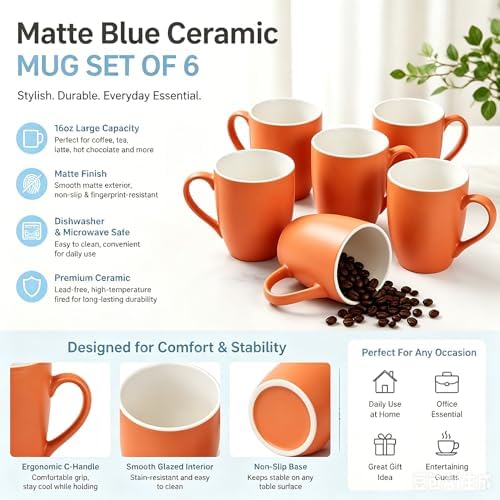 6-Piece 12oz Ceramic Coffee Mugs with Handles, Microwave & Dishwasher Safe, Ideal for Latte, Cappuccino and Hot Tea (Orange) - Image 2