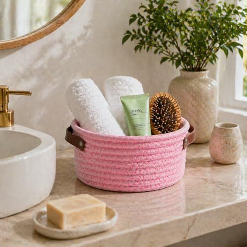 Small Woven Cotton Rope Basket with Leather Handle, Pink - Image 3