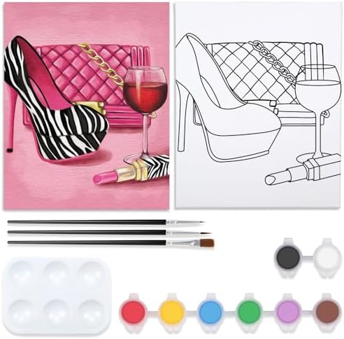 Pre Drawn Canvas Painting Kit for Adults for Painting Party Kit Paint and Sip Party Supplies 8 Colors,3 Brush,1 Pallet Art Set Girl High Heel Glass Bag Lipstick 12x16 Inches by VOCHIC