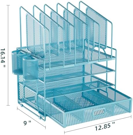 Marbrasse Desk Organizers, 4-Tier Mesh Desk File Organizer with 5 Vertical File Holders and 2 Pen Holders, Multifunction Desktop Organizer,Desk Organizers and Accessories for Home Office (Blue) - Image 5