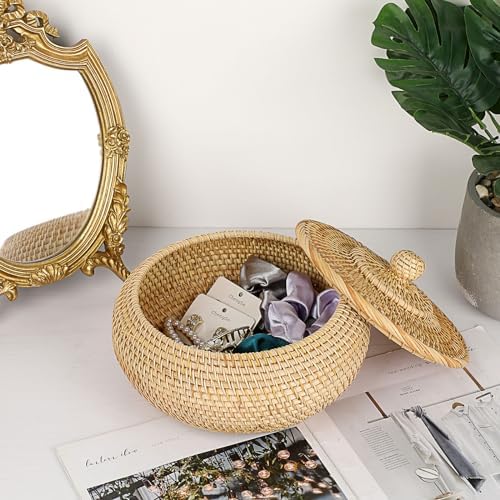 Hipiwe Round Rattan Basket Box with Lid Small Hand-Woven Wicker Basket Bin - Image 5