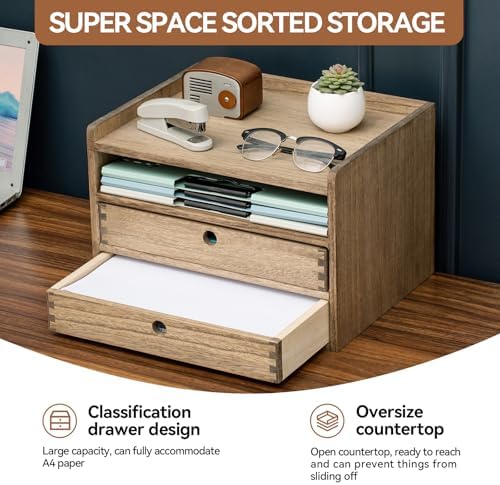 KIRIGEN Wooden Desk Organizer with 2 Drawers and Top Tray, Brown 3D2C-DBR - Image 6