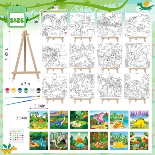 Tenceur 12 Sets Pre Drawn Canvas to Paint Adult Stretched Coloring Painting Canvas Panels with Design Easel and Brushes for Party Supplies Beginner Favor(Dinosaur) - Image 2