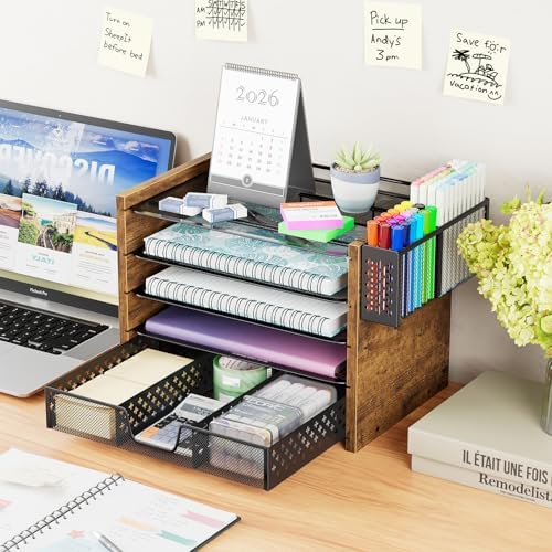 Simple Trending Wood Desk Organizer, 5-Tier File Organizer, Rustic Brown - Image 2