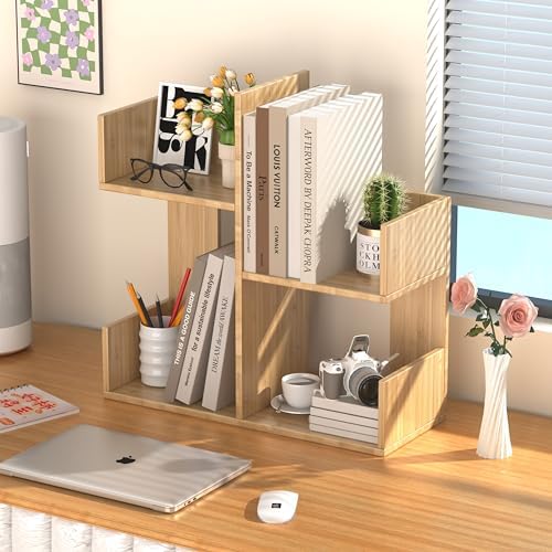 Modern 2-Tier Desk Bookshelf, Short Book Organizer, Display Shelf & Desktop Storage Rack, Space-Saving Desk Bookshelf for Books, Decor & Small Items, Natural by Unknown