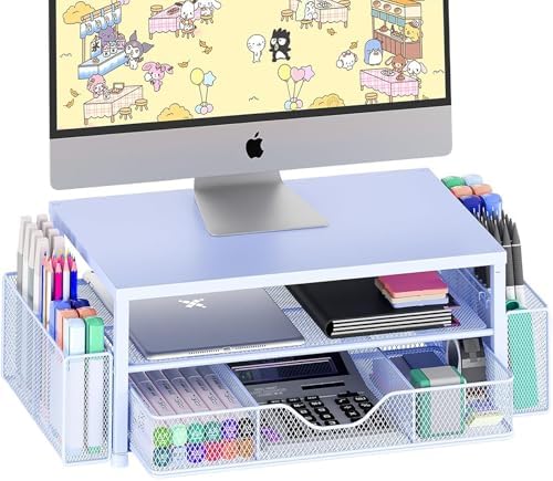OPNICE Desk Organizers and Accessories, Computer Monitor Stand Riser with Drawer and 2 Pen Holders, Printer & Laptop Stand, Office Desk Accessories & Workspace Organizers for Home Office Supplies, Blue by OPNICE
