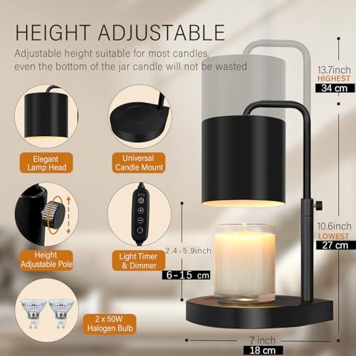 zukakii Candle Warmer Lamp Adjustable Height Dimmable with Timer Large Jar Candles Compatible - No Flame Scented Wax Warmer with 2 Bulbs - Mothers Day Gift - Black - Image 2