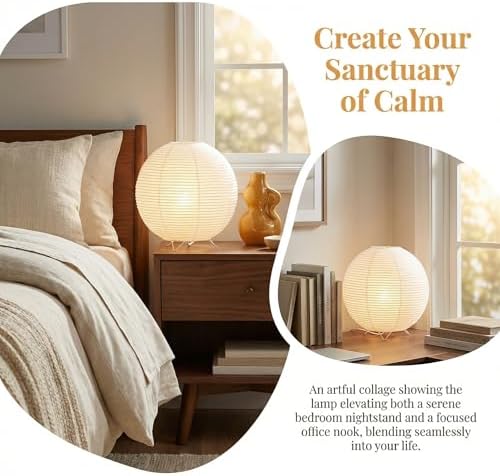 Totority Modern Paper Table Lamp, Japanese Lantern Style Bedside Night Light for Bedroom & Living Room, Minimalist Rice Paper Desk Lamp with Warm White E14 Bulb, Decorative Zen Home Lighting,US Plug - Image 5