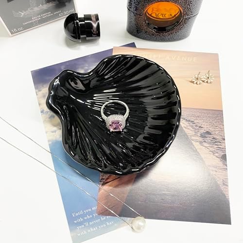 Shell Shape Ring Holder Dish, Seashell Jewelry Dish Tray, Ceramic Trinket Tray for Rings Earrings Necklaces Bracelet, Birthday Mother's Day Christmas Gift for Mom Friend Sister, 3.9", Black - Image 6
