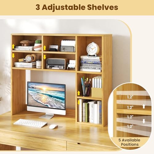 Giantex Desktop Bookshelf, Desk Hutch Dorm w/ 7 Cubes & 3 Adjustable Shelves, Desk Shelf for Up to 27" Computer Monitors, Wooden Desktop Storage Organizer for Dorm College Office Home (Burlywood) - Image 5