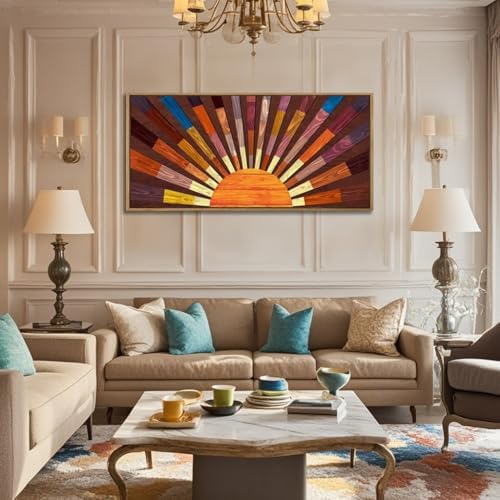 IARTTOP Extra Large Wood Sun Framed Wall Art 20x40 Inch Boho Sunrise 3D Geometric Wall Decor Mid century Sunshine Painting for Living room Bedroom Dining room Single - Image 2