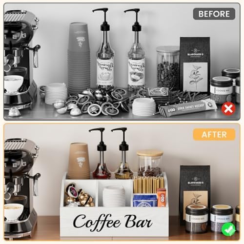 Coffee Station Organizer for Countertop – Wooden Coffee Bar Organizer with Adjustable Dividers,Holds K Cup Pod & syrup bottles, for Kitchen, Office, or Bar and Tea Station, White - Image 6