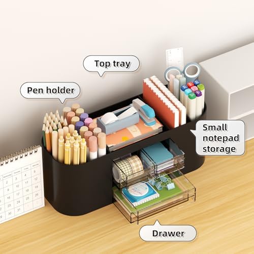 Marbrasse Desk Organizer Pen Holder with 3 Drawers, Multi-Functional Pencil Holder,Desk Organizers and Accessories with 7 Compartments for Home, School, Classroom (Black) - Image 2