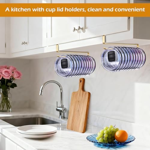 4Pack Tumbler Lid Organizer, Under Cabinet Cup Lid Holder, Golden - Image 7