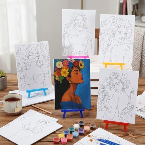 Blosssound 10 Set Charming Lady Pre Printed Canvas Pre Drawn Canvas Painting with Easel Kits 5" x 7" Sip and Paint Party Kit for DIY Art, Adult's Date Night - Image 6