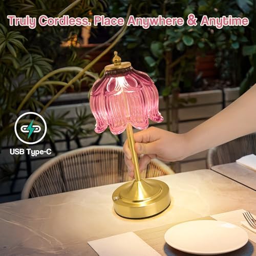 Cordless Table Lamp, Rechargeable Purple Glass Lotus Flower Lamp - Image 2