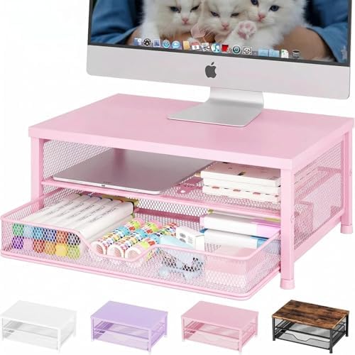 OPNICE Computer Monitor Stand Riser, Desk Organizer with Drawer, Printer & Laptop Stand, Office Desk Accessories & Workspace Desktop Organizers Storage for Office Supplies(Pink) by OPNICE