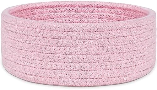 ABenkle Small Woven Basket, Empty Tiny Shallow Storage Baskets, Mini Cotton Rope Baskets, Round Decorative Hamper, Basket Storage Bins for Toys, Spa, Socks, Nursery, Living Room- Pink by ABenkle