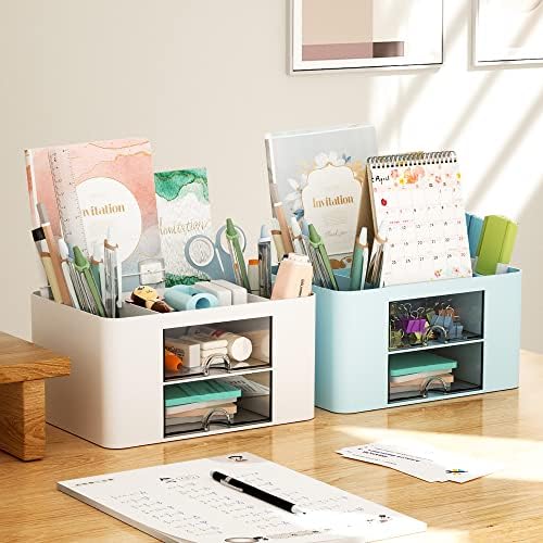 Marbrasse Pen Organizer with 2 Drawer, Multi-Functional Pencil Holder for Desk, Desk Organizers and Accessories with 5 Compartments + Drawer for Office Art Supplies (Blue) - Image 3
