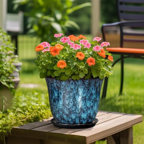 Ceramic Plant Pots - 12 Inch Pots for Plants Indoor Outdoor, Large Round Planter with Drainage Hole and Saucer, Modern Decorative Flower Pot, Home Garden Decor, House Warming Gifts, Blue - Image 4