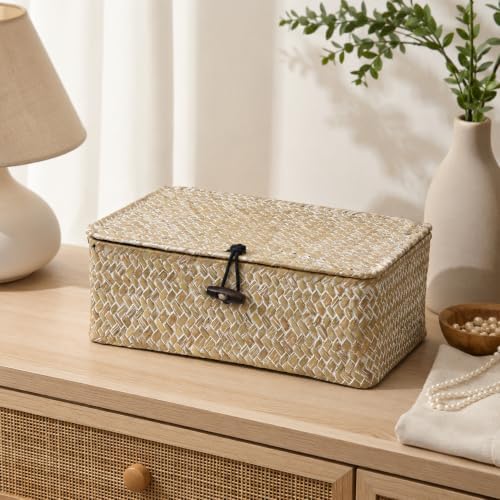 Seagrass Wicker Storage Basket with Lid, Small, Whitewash - Image 3