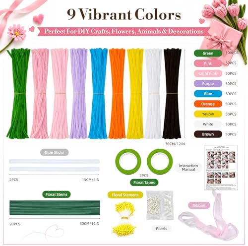 Yumcute 500 Pcs Pipe Cleaner Flower Kit, 9-Color Chenille Stems Flower Making Supplies with Floral Wires & Tape, DIY Forever Bouquet Art Craft Gift for Adults Home Decor, Birthdays, Anniversaries - Image 2