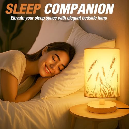 Desk Lamp LED Bulb Included, Small Bedside Table Lamp Plug-in - Classic Wood Base with Flaxen Fabric Shade, Lamps for Night Stands, Simple Nightstand Light for Bedroom, Office, Desk - Image 2