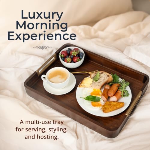 100% Acacia Wooden Serving Tray with Gold-Tone Aluminum Handles - Image 5